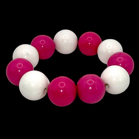 Fun Bright Pink and White Bubblegum Bead Stretch Bracelet OSFM - Picture 4 of 14
